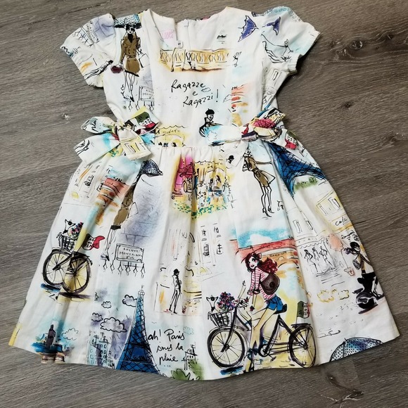 Little Loaves & Fishes Girl 5 Parisian Sketch Dress Eiffel Tower Print Tie Waist - Picture 4 of 12